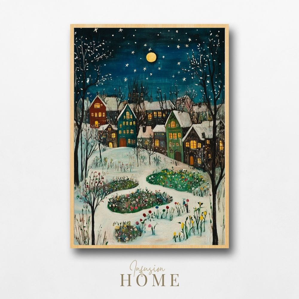 Moonlit Winter Village with Snowy Gardens - Infusion Home