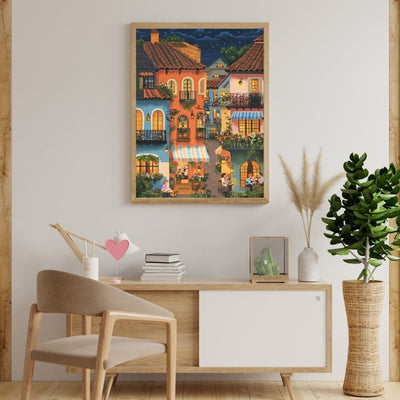 Romantic Cafe Under the Stars with Terracotta Rooftops Digital Wall Art