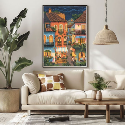 Romantic Cafe Under the Stars with Terracotta Rooftops Digital Wall Art