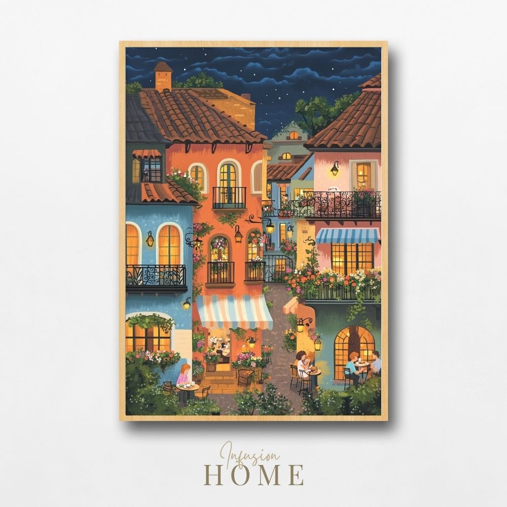 Romantic Cafe Under the Stars with Terracotta Rooftops Digital Wall Art