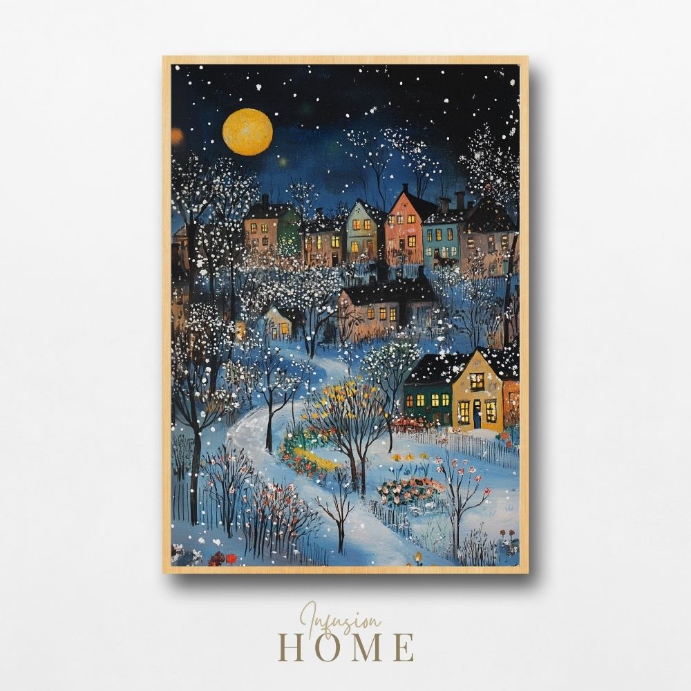 Serene Winter Village Under a Golden Moon - Infusion Home