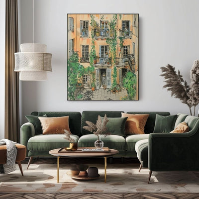 Soft Pastel Courtyard Scene with Ivy-Draped Balconies
