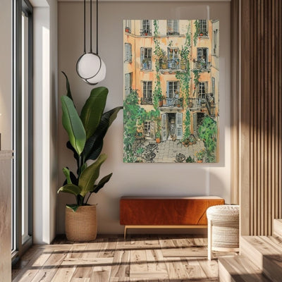 Soft Pastel Courtyard Scene with Ivy-Draped Balconies