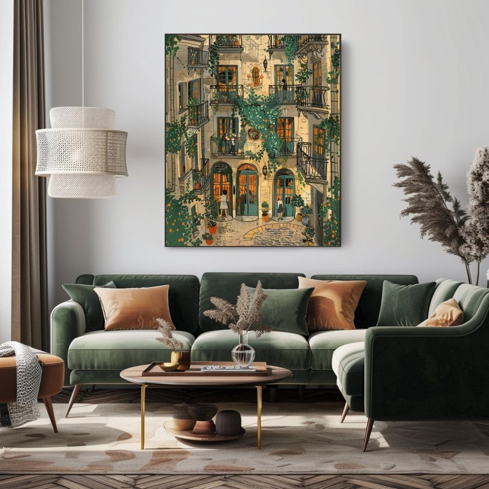Sunlit European Courtyard Scene with Ivy and Orange Glow