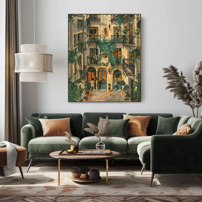 Sunlit European Courtyard Scene with Ivy and Orange Glow