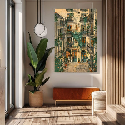 Sunlit European Courtyard Scene with Ivy and Orange Glow