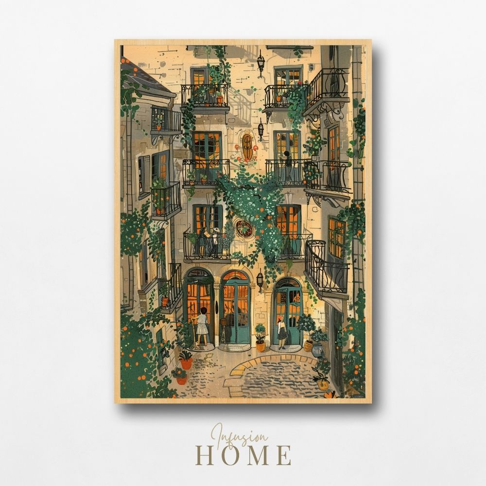 Sunlit European Courtyard Scene with Ivy and Orange Glow