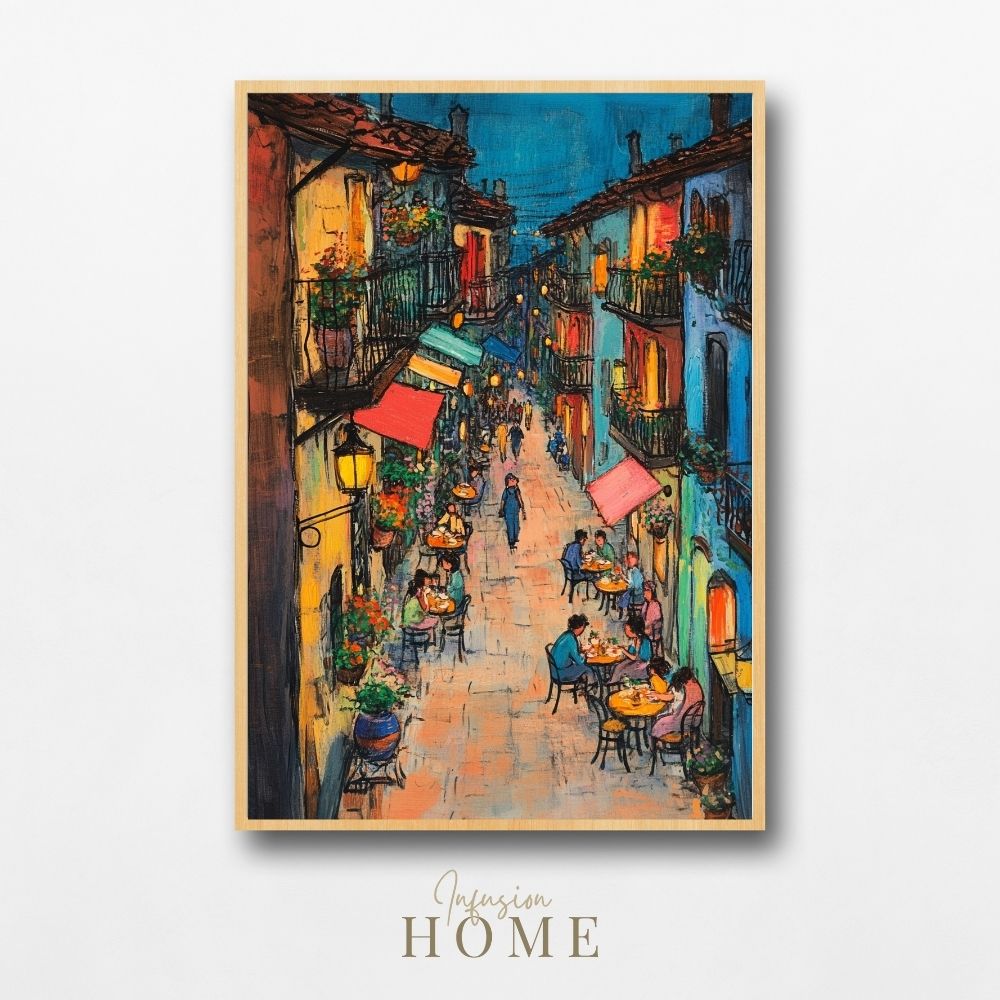 Evening Street Café Scene – Vibrant Village Nightlife