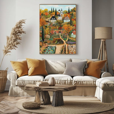 Village Serenity – Vibrant Autumn Landscape with Lush Gardens - Infusion Home