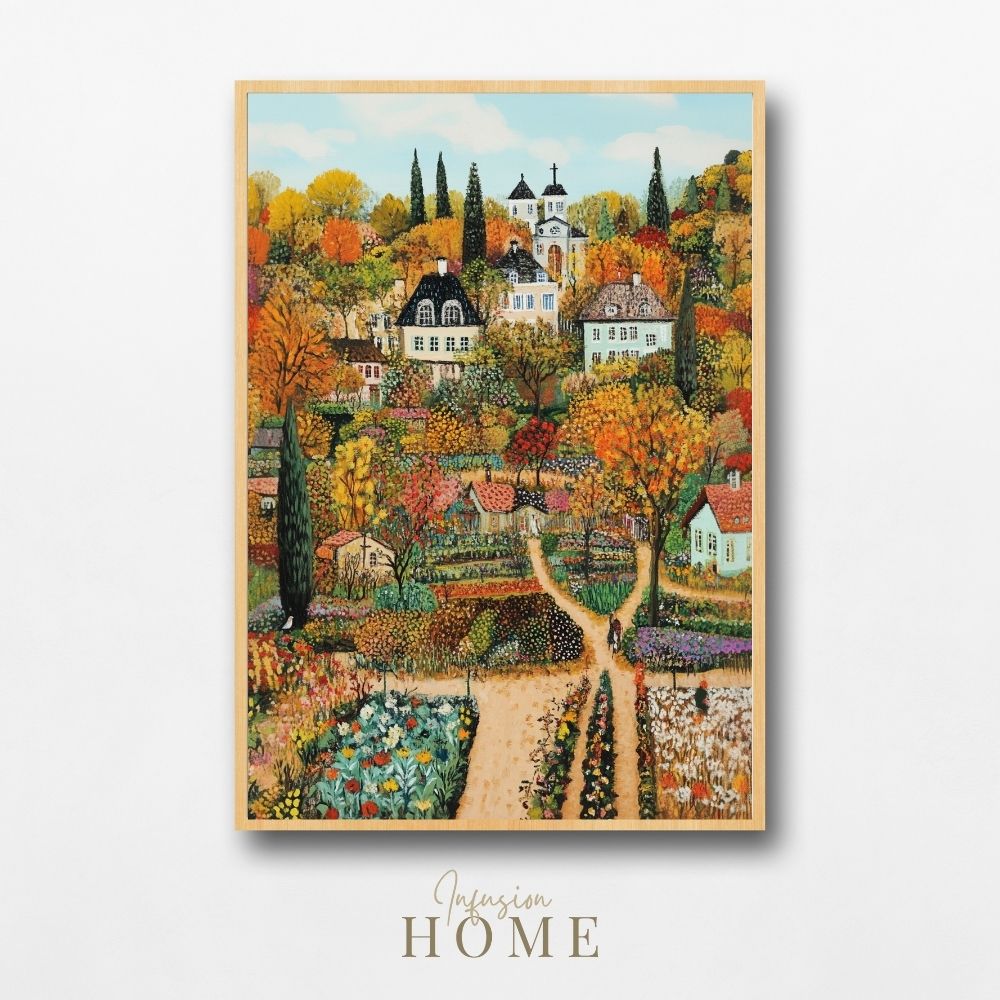 Village Serenity – Vibrant Autumn Landscape with Lush Gardens - Infusion Home