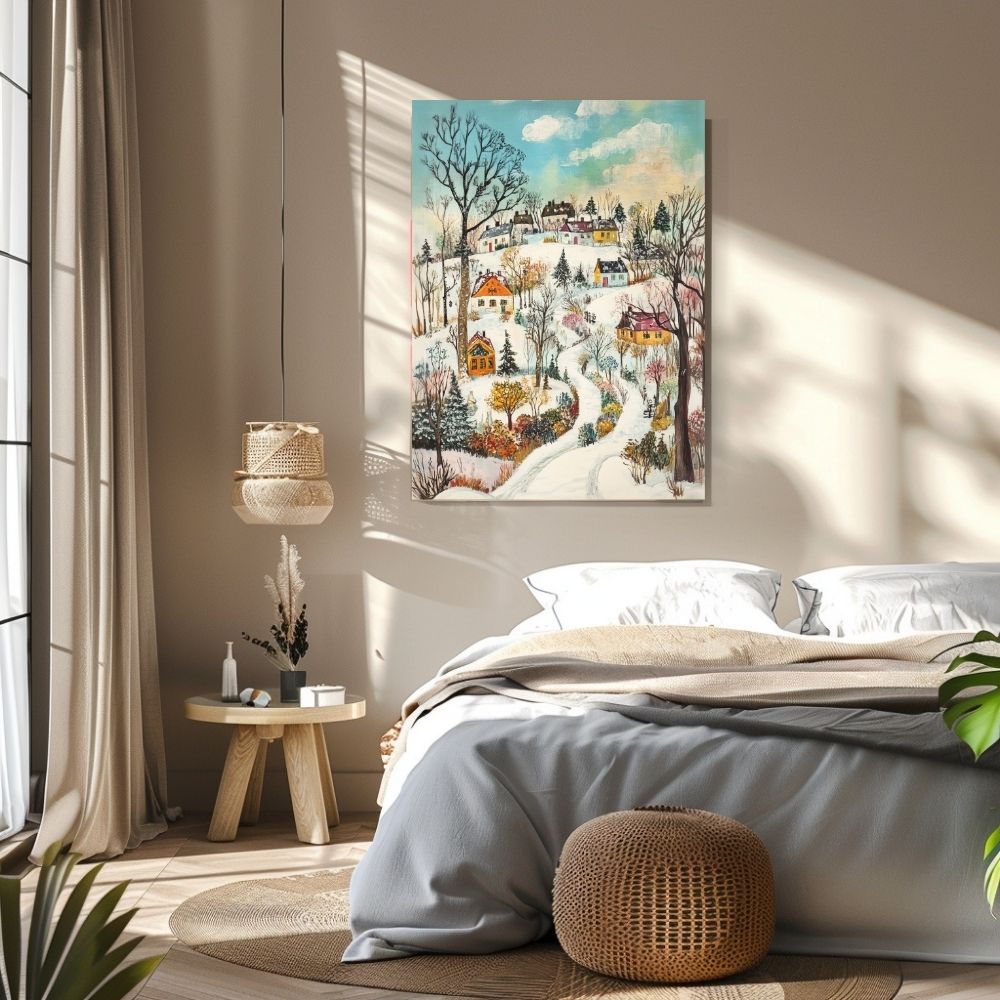 Winter Serenity – Snowy Village Landscape Art - Infusion Home