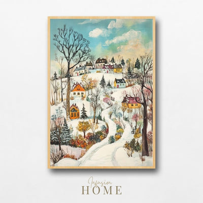 Winter Serenity – Snowy Village Landscape Art - Infusion Home