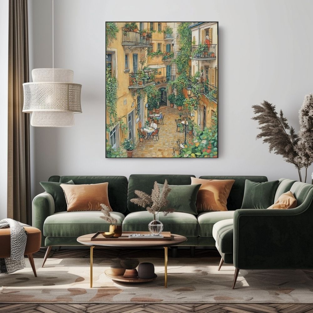 Courtyard Brunch with Ivy and French Village Architecture Digital Wall Art