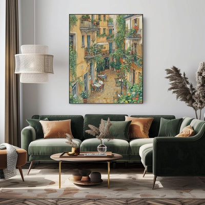 Courtyard Brunch with Ivy and French Village Architecture Digital Wall Art