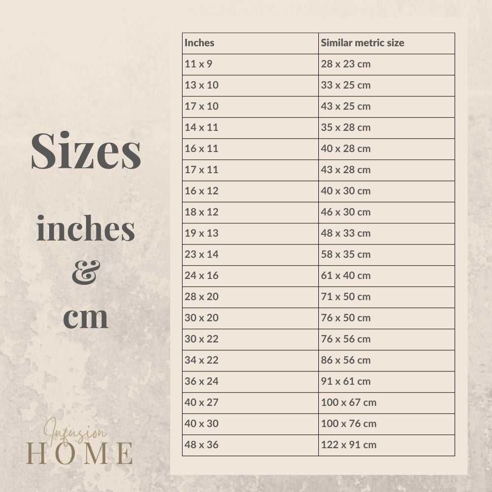 Size chart of available poster sizes in inches and centimeters at Infusion Home