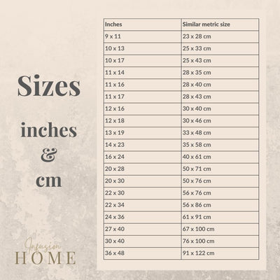 Size chart of available sizes in inches and centimeters at Infusion Home