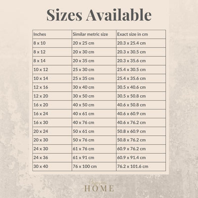 Table showing sizes available in inches and centimeters.