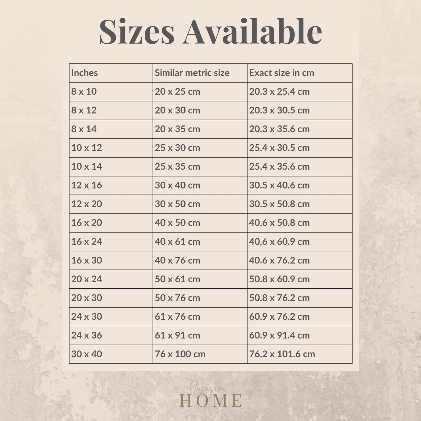 Size chart of available sizes in inches and centimeters