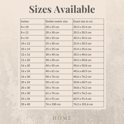 Size chart of available sizes in inches and centimeters