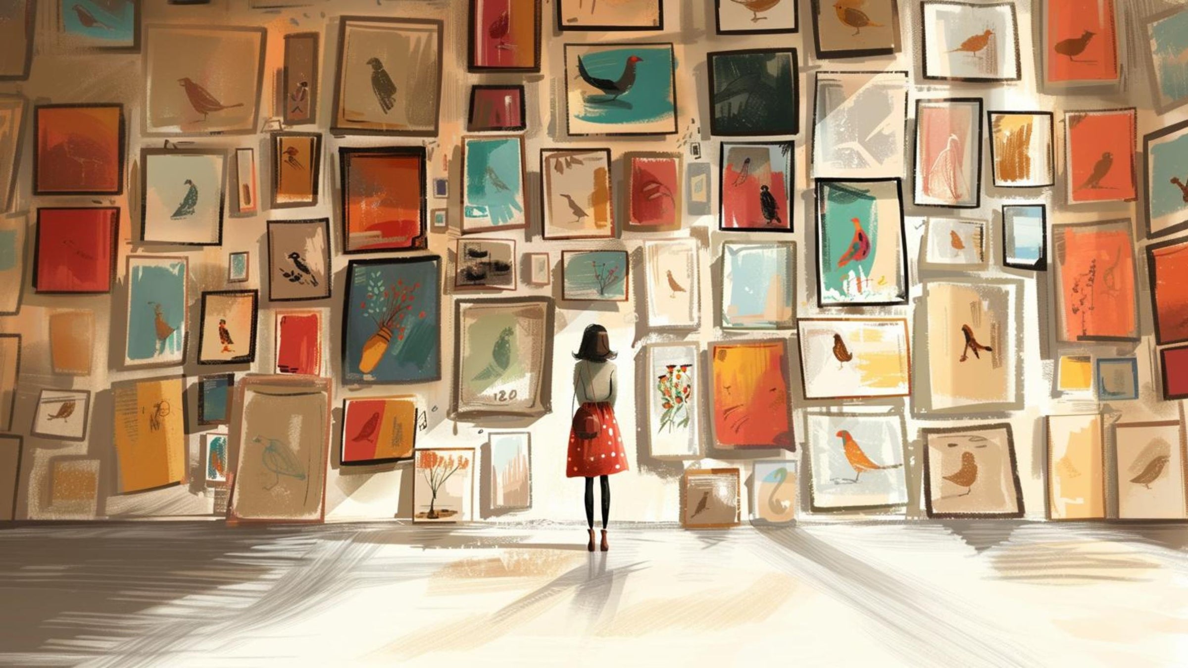 Whimsical illustration of a woman looking at many pieces of art on a large wall - Infusion Home