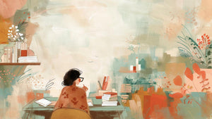 Whimsical illustration of a woman sitting at a desk writing - Infusion Home